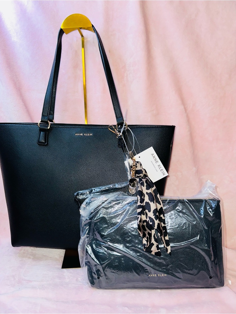 Anne Klein Black Tote with Leopard Scarf Accent & Matching Pouch